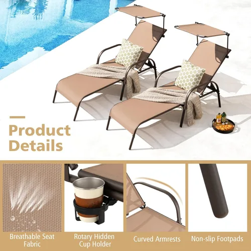 Miniatura 7 de Byroce - Sillón de patio con toldo, tumbona para exteriores con respaldo ajustable de 5 niveles, brazos y portavasos, silla reclinable de metal