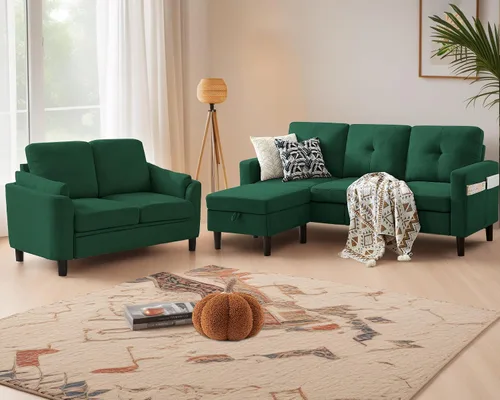 Juego de 2 sofás, sofá de 3 plazas con otomana y sofá cama con reposapiés, conjuntos de sofás para sala de estar/apartamento/oficina, Verde