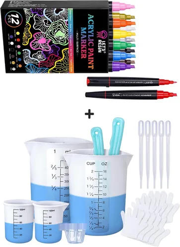 Paquete de marcadores de pintura acrílica de 12 colores LET'S RESIN y tazas medidoras de silicona de 15.2 fl oz