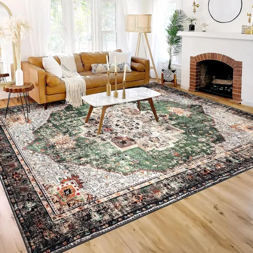 Miniatura 12 de Alfombra de área de 5 x 7 pies para sala de estar, alfombra verde boho antideslizante lavable, alfombra vintage de pelo bajo, alfombra grande