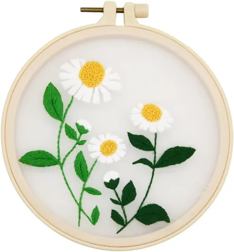 Kits de iniciación de bordado estampado con patrón para principiantes, margarita blanca con aros, hilos de tela, costura, arte de punto de cruz,