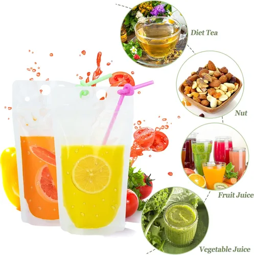Miniatura 2 de Ozera - 100 bolsas de bebidas, bolsas de jugo de 16 onzas con 100 popotes y embudo Cremallera sellada, bolsas de jugo de batido de mano