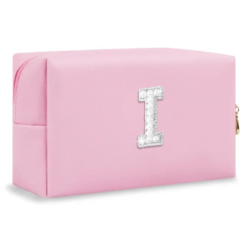 Miniatura 284 de Pequeña bolsa de maquillaje personalizada con inicial A-Z Preppy Patch, bolsa de cosméticos de viaje de felpilla blanca con cremallera, bonita bolsa