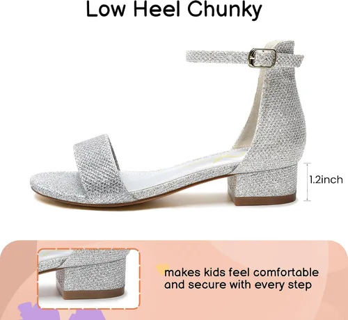 Miniatura 2 de Athlefit Sandalias para niñas, puntera abierta, correa en el tobillo, tacones bajos, zapatos de vestir para niñas pequeñas y grandes