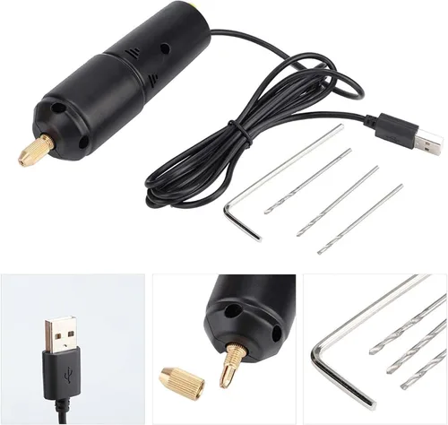 Miniatura 8 de Mini taladro de mano eléctrico, DC 5V portátil de mano micro USB taladro con 3 brocas de repuesto, rango de pinza de 0.028-0.051 in