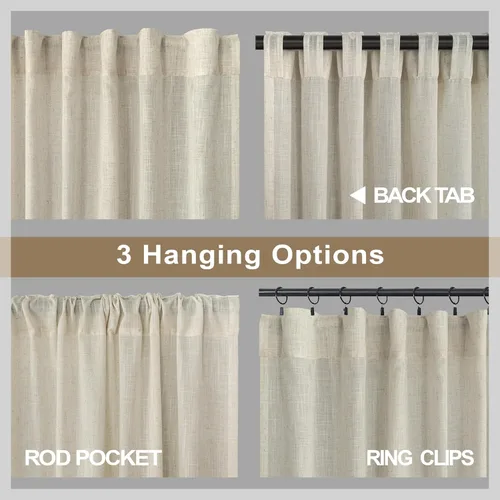 Miniatura 36 de Cortinas de lino gris claro, 2 paneles, presillas traseras, bolsillo para cortinero, semitraslúcidas, ahorran energía, estilo rústico, arpillera