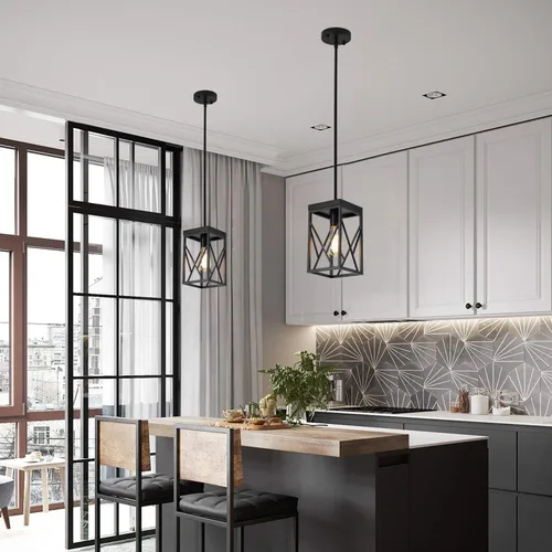 Miniatura 2 de Lámpara colgante moderna negra con jaula de metal, varillas ajustables de una sola luz, mini lámpara colgante industrial para cocina, isla, Negro