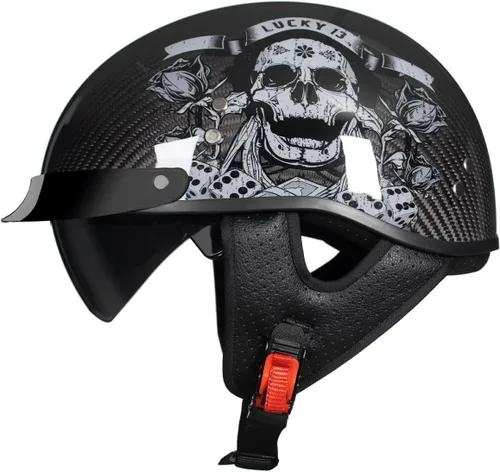DA-500 Casco de fibra de carbono para motocicleta, casco abierto de media carcasa aprobado por DOT con visera desplegable, casco ligero retro Rose