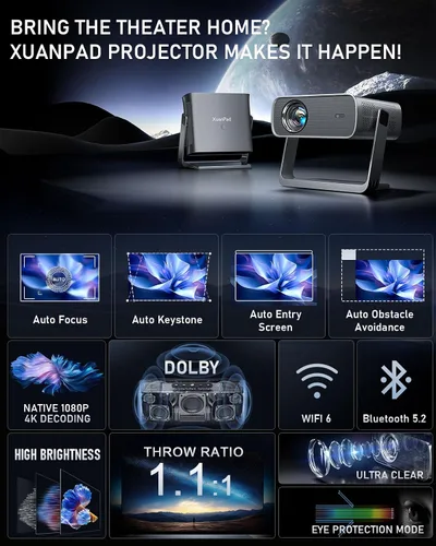 Miniatura 2 de Proyector [Aplicación con licencia oficial y enfoque automático] con WiFi y Bluetooth, XuanPad Proyector portátil Full HD 1080P, soporte giratorio