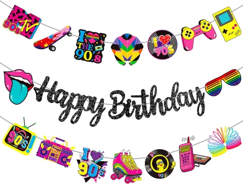 Miniatura 10 de Pancartas de fiesta de cumpleaños temáticas de los años 90, decoraciones retro de fiesta de cumpleaños de los años 90, decoraciones de regreso a