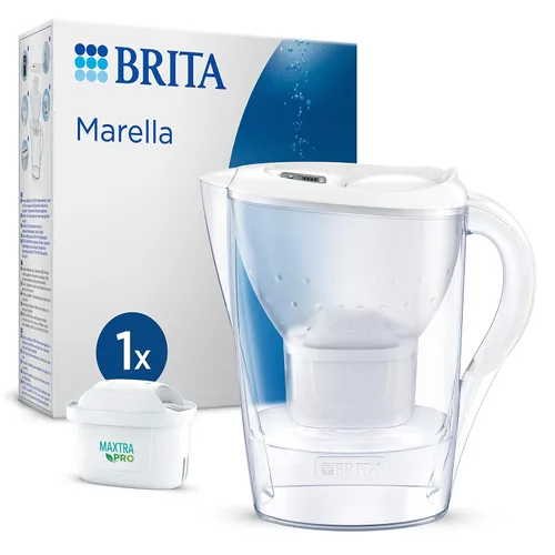 BRITA Jarra con Filtro de Agua Marella Blanca (2,4 l) Incl. 1x Cartucho MAXTRA Pro All-in-1: Jarra Apta para frigorífico con memo Digital y Tapa