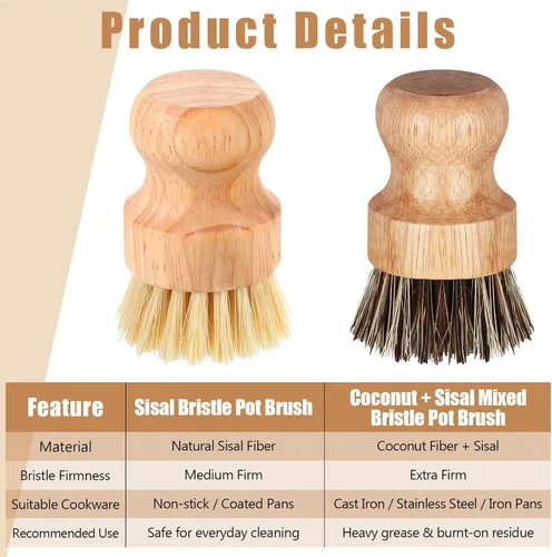 Miniatura 4 de Nuenen Juego de 6 cepillos de bambú para fregar platos de madera, juego de fregadores de cocina con cerdas de sisal naturales para fregadero