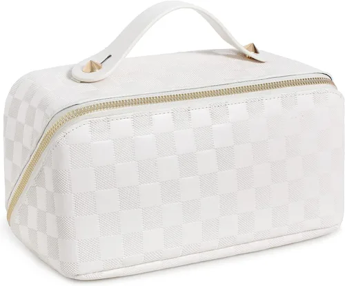 Miniatura 17 de Bolsas de maquillaje a cuadros de gran capacidad, bolsas de cosméticos portátiles de viaje, bolsa de aseo abierta y plana para mujeres y niñas