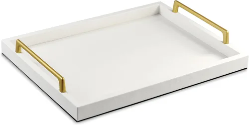 Miniatura 10 de MCBZ Bandeja decorativa para mesa de centro de sala de estar, bandeja de servicio de alimentos, bandeja otomana de cuero, con asas de metal de 16.5