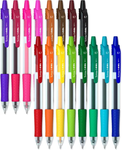 Juego de bolígrafos de gel Smart Color Art, 16 colores, punta mediana, bolígrafos de tinta de gel retráctiles con agarre cómodo, escritura suave