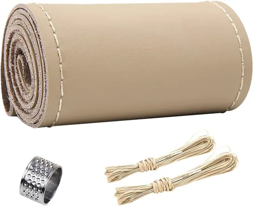 ZIMISI Funda para Volante de Cuero Genuino, Envoltura de Costura Antideslizante y Transpirable para Coche, Costura DIY con Hilo y Aguja, Funda para