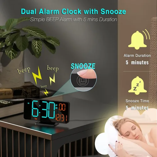 Miniatura 6 de KOSUMOSU Relojes despertadores para dormitorios, 6.7 pulgadas, pequeño reloj digital negro, LED, reloj despertador de escritorio con atenuación
