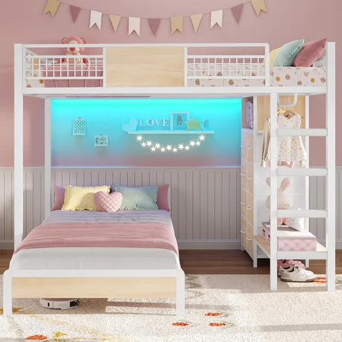 Miniatura 10 de ADORNEVE Litera Full sobre Twin con 8 cajones de almacenamiento, cama alta de metal con luces LED y estantes de almacenamiento, literas Twin sobre