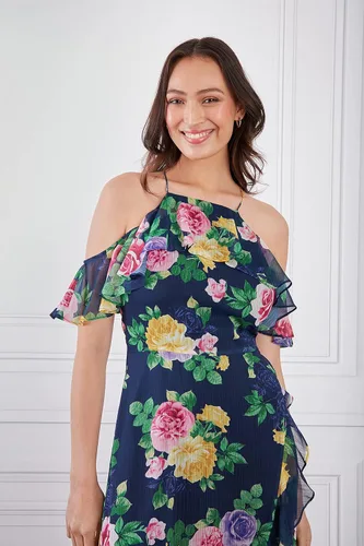 Miniatura 5 de London Times Vestido largo con hombros descubiertos y cuello halter para mujer, con volantes femeninos, ocasión para invitada de fiesta en el jardín