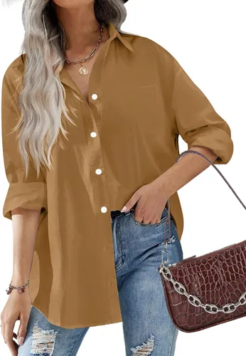 Miniatura 10 de HOTOUCH Camisas de gran tamaño con botones para mujer, blusa de hombro caída para oficina, de manga larga, estilo novio, camisa de vestir