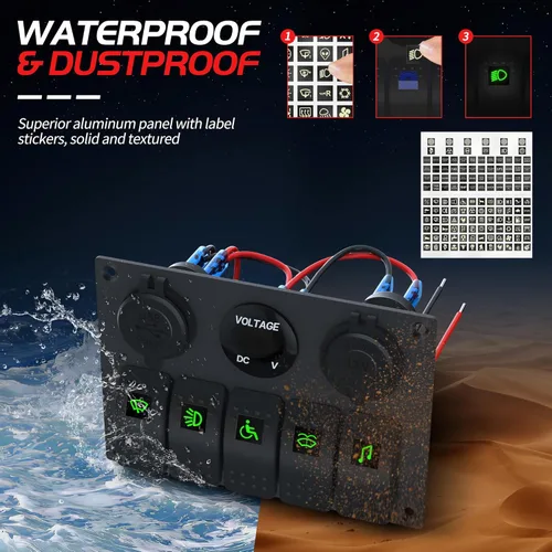 Miniatura 3 de RVMARINEPAT - Panel de interruptores marinos impermeable de 12 voltios, 5 mandos, interruptor basculante azul con luz, con doble toma USB de 4,8 A
