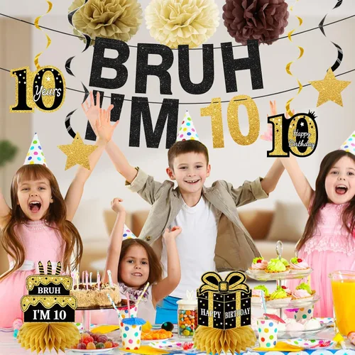 Miniatura 3 de Turypaty 11 piezas de decoración de cumpleaños número 10 para niños y niñas, pancarta de feliz cumpleaños número 10 en negro y dorado con texto