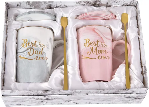 YHRJWN Best Dad and Mom Marble Ever - Juego de tazas de café con caja de regalo, posavasos y cuchara para Navidad, cumpleaños, regalo para padres de