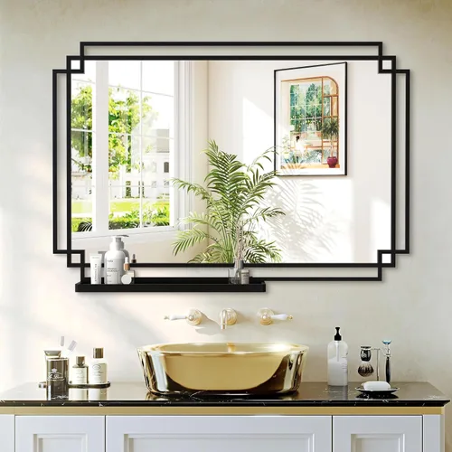 Miniatura 9 de Espejo de baño con estante, espejo de pared rectangular negro, marco de metal, colgante horizontal o vertical (24 x 20 pulgadas)
