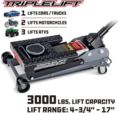 Miniatura 2 de Powerbuilt gato de garaje triple de 1360 kg, resistente para vehículos, camiones, automóviles, motocicletas, gato de transmisión, capacidad de 1.5