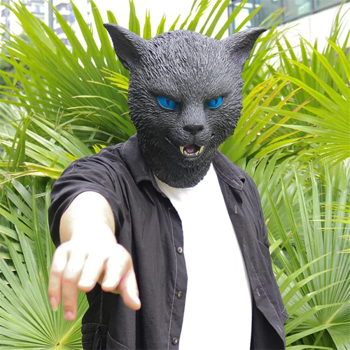 Miniatura 5 de NA - Máscara realista de látex de cabeza completa para gato, máscara de animal de terror, máscara de gato negro para Halloween, Navidad, accesorios