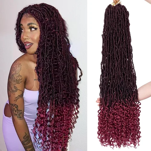 Miniatura 44 de Leeven 7 paquetes de rastas sintéticas con extremos rizados de 18 pulgadas, rastas de diosa preenrolladas para cabello de ganchillo, 84 hebras 1b#