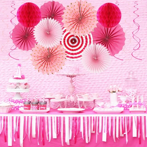 Miniatura 5 de Conjunto de decoraciones rosa intenso y rojo para fiestas - 33 piezas: Bandera, serpentinas, guirnalda con borlas, pompones de papel, panales