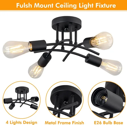 Miniatura 6 de Lámpara industrial de techo semiempotrada de 4 luces, moderna lámpara negra para cerca del techo, lámpara de araña con base E26, lámpara colgante