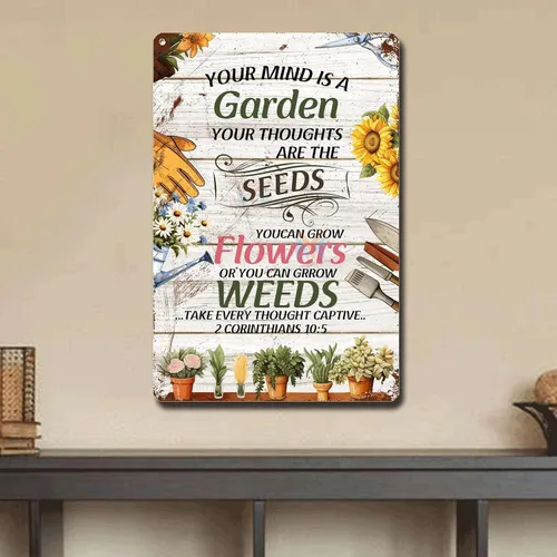 Miniatura 4 de Letrero de metal, letrero de hojalata vintage, arte de pared con texto en inglés "Garden Your Mind Love", arte de pared para jardín, jardín, regalo