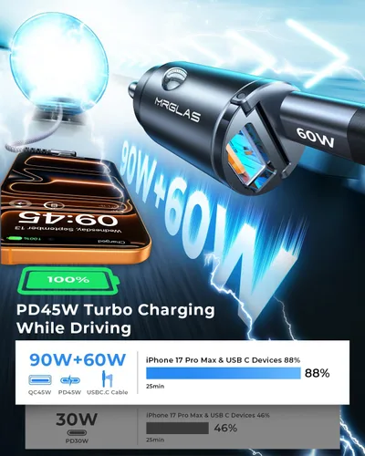 Miniatura 9 de MRGLAS Cargador de coche rápido para iPhone 17/16 de 90 W, cargador de coche USB C con cable tipo C, PD45W y QC45W, ajuste empotrado, todo metal