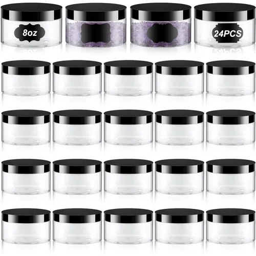 Miniatura 23 de Dandat 24 piezas 8 oz tarro de plástico con tapa y etiqueta recargable, contenedor redondo transparente vacío con muestras cosméticas PET blancas