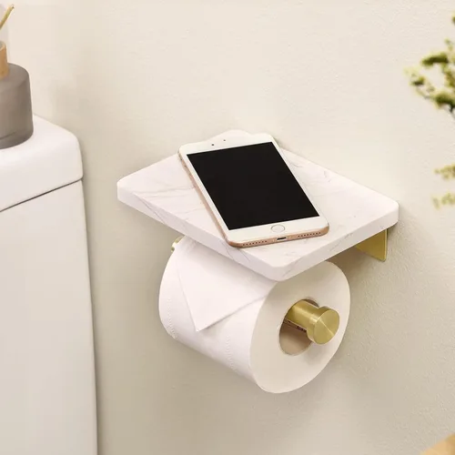 Miniatura 6 de Soporte de papel higiénico dorado cepillado con estante de mármol, soporte de papel higiénico montado en la pared de acero inoxidable 304, soporte