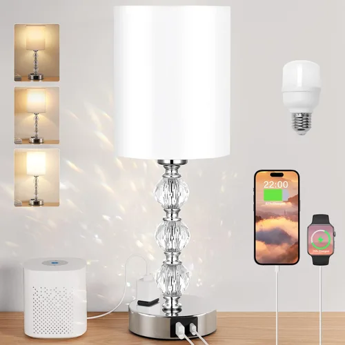 Miniatura 14 de Lámparas de noche táctiles blancas para dormitorios, lámpara de mesa de cristal con puerto de carga USB C+A y mesita de noche de salida de CA