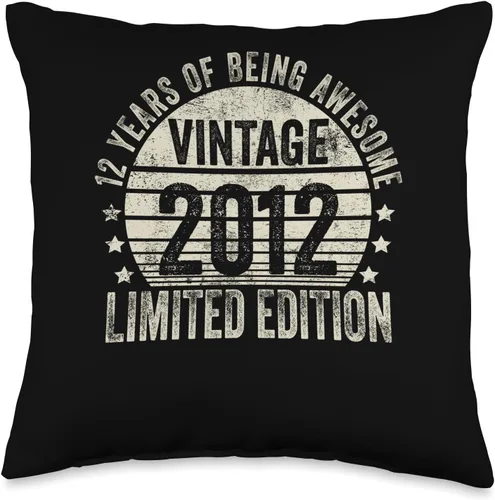 12 Year Old Vintage 2012 Limited Edition Bday Cojín retro de 12 cumpleaños para niñas y niños, 16 x 16 pulgadas, multicolor