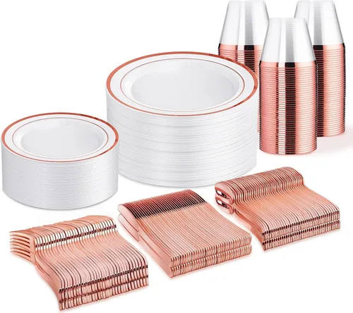 Miniatura 29 de WELLIFE Juego de vajilla desechable de 600 piezas color dorado y blanco para 100 invitados, platos de plástico blanco con borde dorado, platos