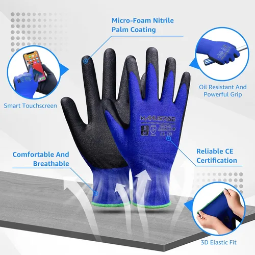 Miniatura 2 de MANUSAGE Guantes de trabajo de seguridad para hombres y mujeres, guantes de nitrilo de microespuma para trabajo grandes, guantes de trabajo delgados