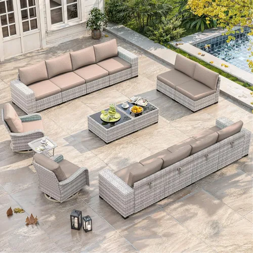 Miniatura 60 de Juego de muebles de mimbre para patio al aire libre de 3 piezas, sillas de patio giratorias mecedoras con respaldo alto con cojines gruesos de 4