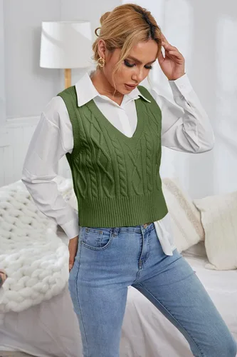 Miniatura 4 de Aoysky Suéter chaleco con cuello en V para mujer, sin mangas, suéter de punto trenzado, color sólido, sin mangas, ajuste holgado