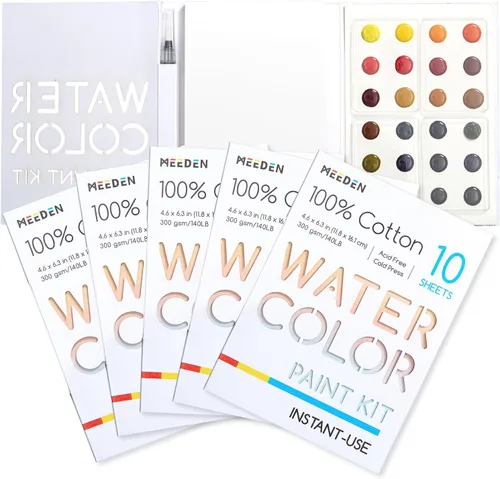 Miniatura 9 de MEEDEN Juego de pintura de acuarela, suministros de pintura de 24 colores con 10 papeles de acuarela y pincel, kit de pintura artística portátil