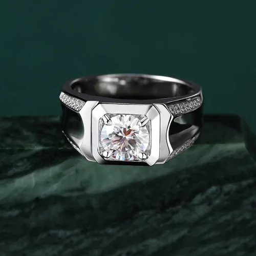 Miniatura 2 de SweetJew Anillo de boda de moissanita para hombre, plata de ley 925, 2cttw D, color VVS1, claridad brillante, corte redondo, anillos de promesa