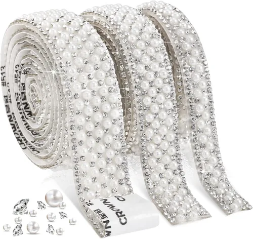 Miniatura 8 de Outus 3 rollos de calcomanías de perlas, cinta autoadhesiva con diamantes de imitación, tiras de cinta de cristal, para manualidades, boda