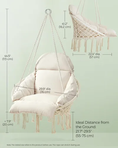 Miniatura 3 de SONGMICS UGDC042M01 - Silla colgante, hamaca con cojín grande y grueso, silla columpio bohemia para dormitorio, patio, balcón, jardín, soporta hasta