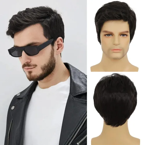 Miniatura 7 de Peluca blanca corta para hombre con flequillo capas pelo sintético pelucas diarias para uso masculino
