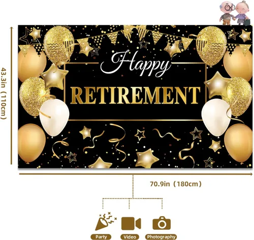 Miniatura 2 de GEMLORD Decoraciones de fiesta de jubilación con texto en inglés «Happy Retirement» de tela grande, telón de fondo negro y dorado con cuerda