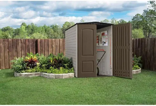 Miniatura 3 de Rubbermaid Cobertizo de almacenamiento vertical grande de resina para exteriores con suelo (5 x 6 pies), resistente a la intemperie, marrón, Marrón